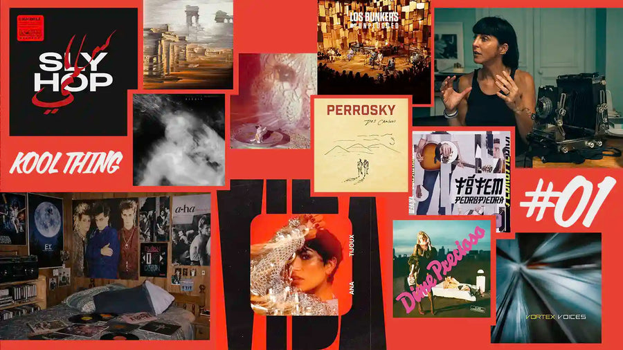 Collage sobre fondo rojo con fotografías y portadas de discos presentes en el primer número de Kool Thing